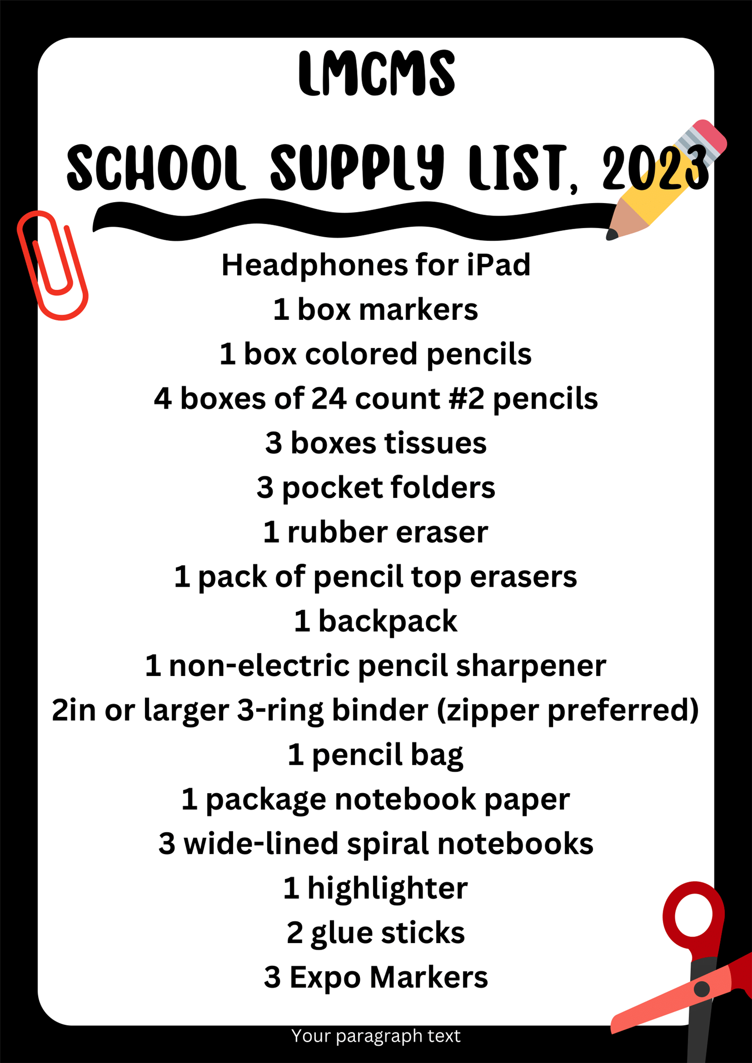 LMCMS School Supply List 2023