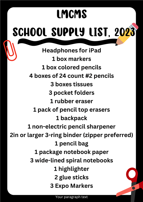 LMCMS School Supply List 2023