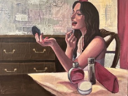  Award-winning student painting of woman sitting while applying lipstick.